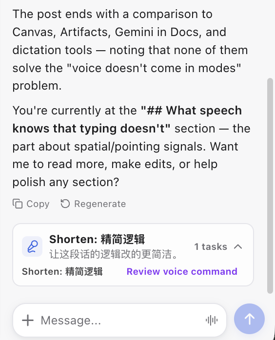 A voice command card sitting in the chat timeline, between assistant messages